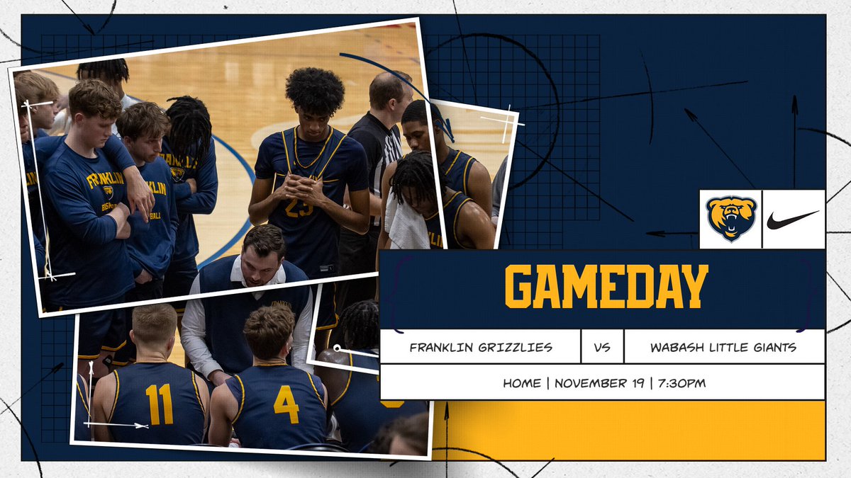 IT'S A GRIZ GAMEDAY
Your Franklin College Grizzlies face the Little Giants of Wabash tonight! Let's make it a PACKED HOUSE!
📍: Spurlock Center
⏰: 7:30 pm
📺: shorturl.at/J9QCX
📊: shorturl.at/WIShA
🎟️: shorturl.at/zWkmT