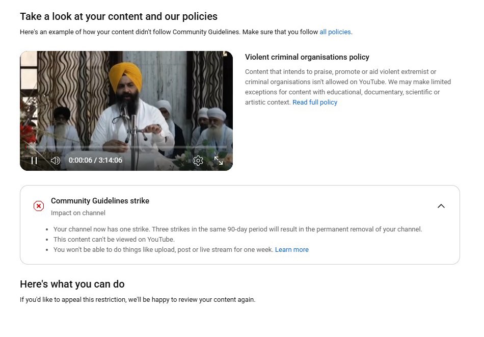 kamalsinghbrar's tweet image. Shiromani Gurdwara Parbandhak Committee’s official YouTube channel “SGPC, Sri Amritsar” has been temporarily suspended for a week under YouTube’s policy action, following a video related to the 1984 army action inside Darbar Sahib.