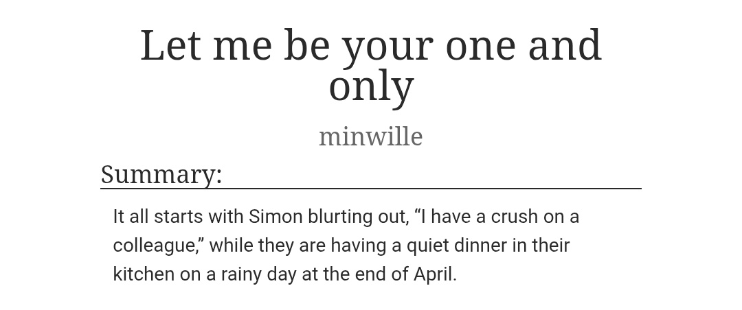 minwilles's tweet image. • Let me be your one and only •

Wilhelm and Simon are in an open marriage. Wilhelm hates it.

archiveofourown.org/works/74405126