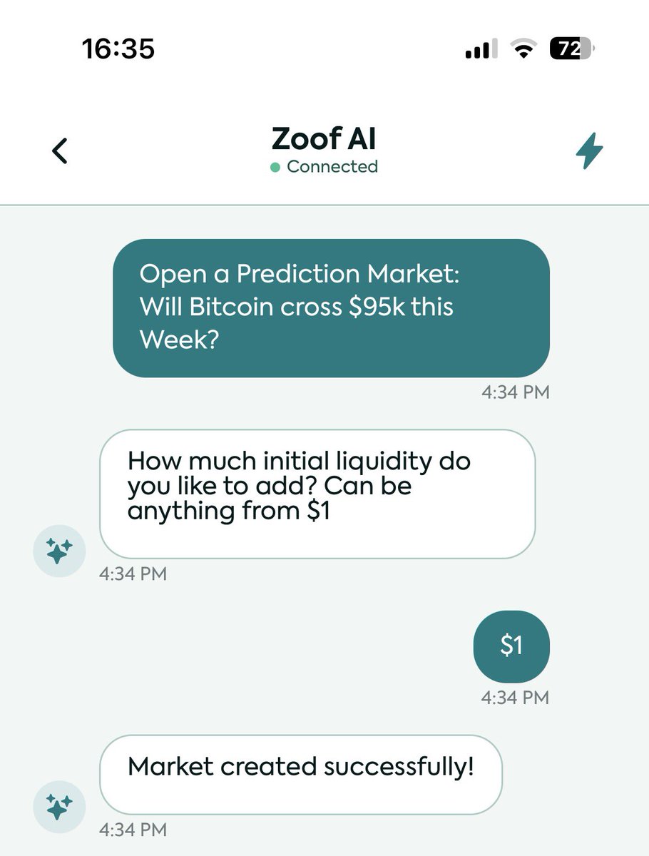 zoofwallet's tweet image. Open your own Prediction Market using @PredictBase by simply telling your AI Agent:

&quot;Open a Prediction Market: Will Bitcoin reach $95k this Week&quot; and add Liquidity to it.

Again, directly from your chat, no need to go to an external site and connect your wallet. All it takes is…