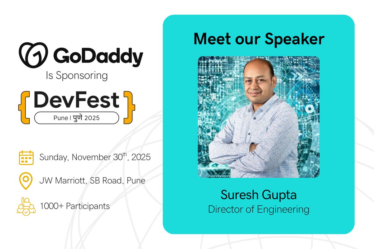 Get ready for DevFest Pune! GoDaddy is thrilled to be a sponsor of this premier technology event, happening on 11/30.

Swing by our booth and catch Suresh’s session! 

devfest.gdgpune.in <a href="/GDGPune/">Google Developer Group Pune</a>

#GoDaddyLife #DFP2025 #DevFestIndia #Innovators