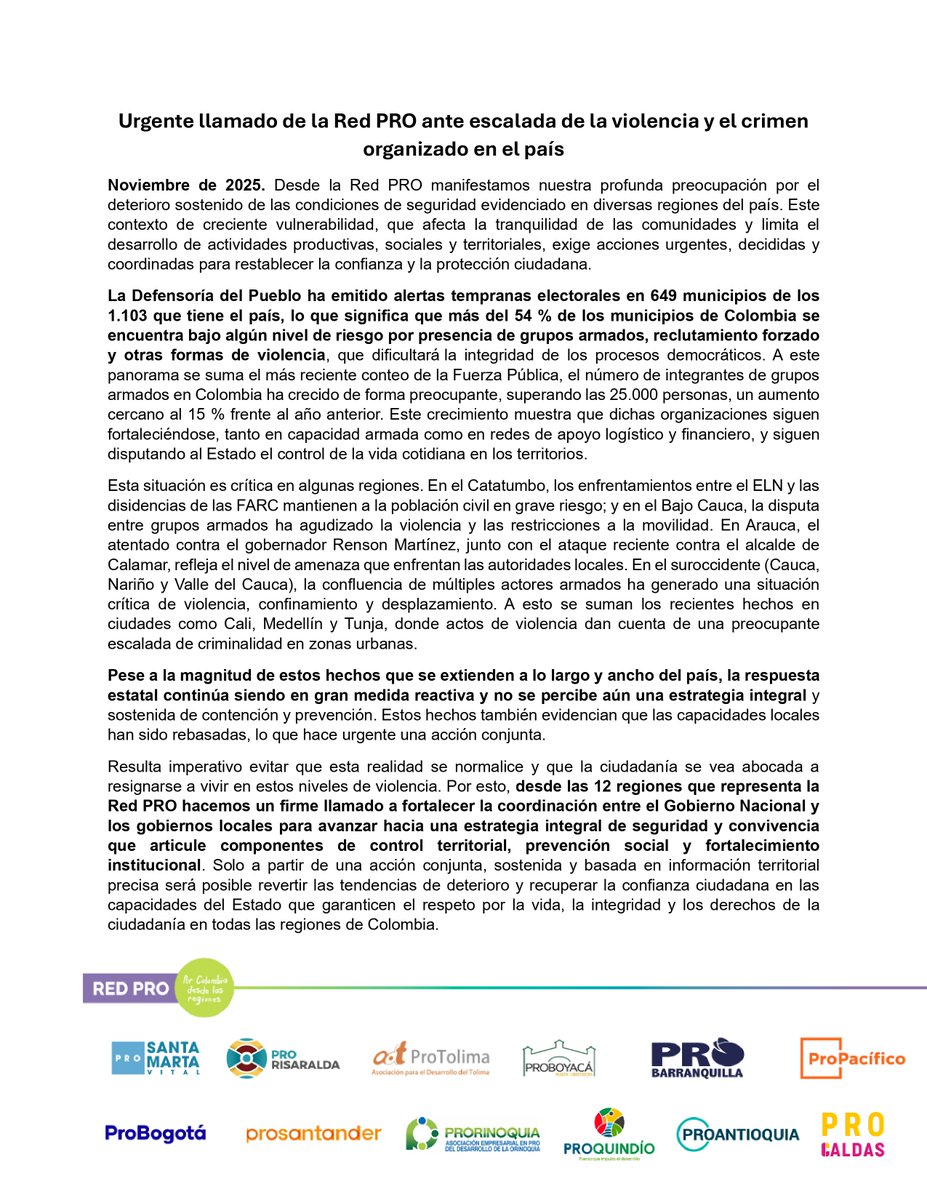ProPacificoOrg's tweet image. #Comunicado | Desde la Red PRO hacemos un llamado a consolidar una estrategia integral de seguridad que devuelva la confianza y la tranquilidad a todo el país. Es imprescindible fortalecer la coordinación del Gobierno Nacional y gobiernos locales para responder a los desafíos de…