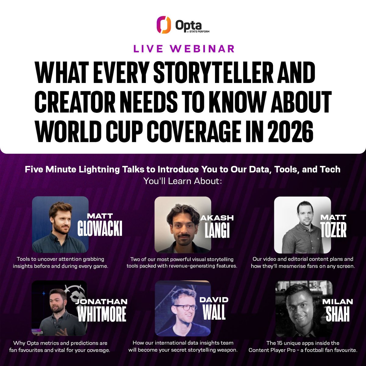 StatsPerform's tweet image. The 2026 #FIFAWorldCup will demand smarter, more dynamic storytelling – and our #Opta experts are ready to show how.

In a series of lightning talks, we&apos;ll introduce the data, tools and technology that can elevate coverage and capture fan attention.

➡️ bit.ly/43EaSuj