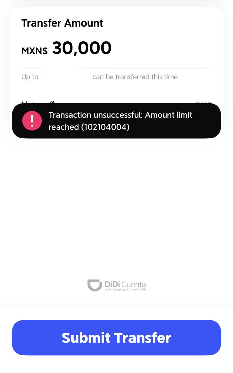 diegonkey's tweet photo. @DiDi_Mexico Necesito ayuda, segun no hay limite de transferencias desde Didi cuenta y me sale un error, y nadie contesta en su numero 800 649 0525 dice que no funciona. https://t.co/1acsah7aUC