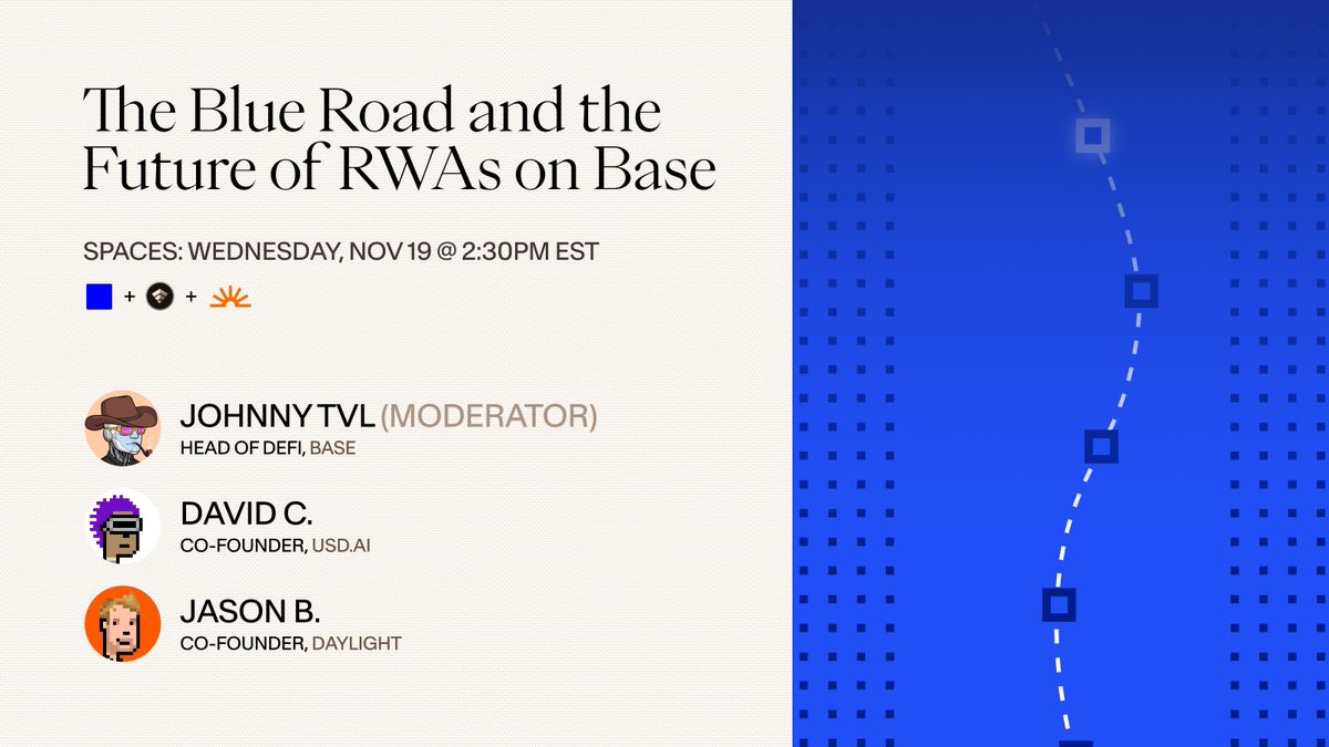 USDai_Official's tweet image. The next era of RWAs on Base is starting to take shape.

At 2:30 PM EST, join a Spaces with:

@john_tv_locke Head of DeFi @base
@jasonbadeaux from @daylightenergy_
@0xZergs from USD.AI

Topics: GPU &amp;amp; energy markets, onchain credit, and goals for 2025 on Base.
