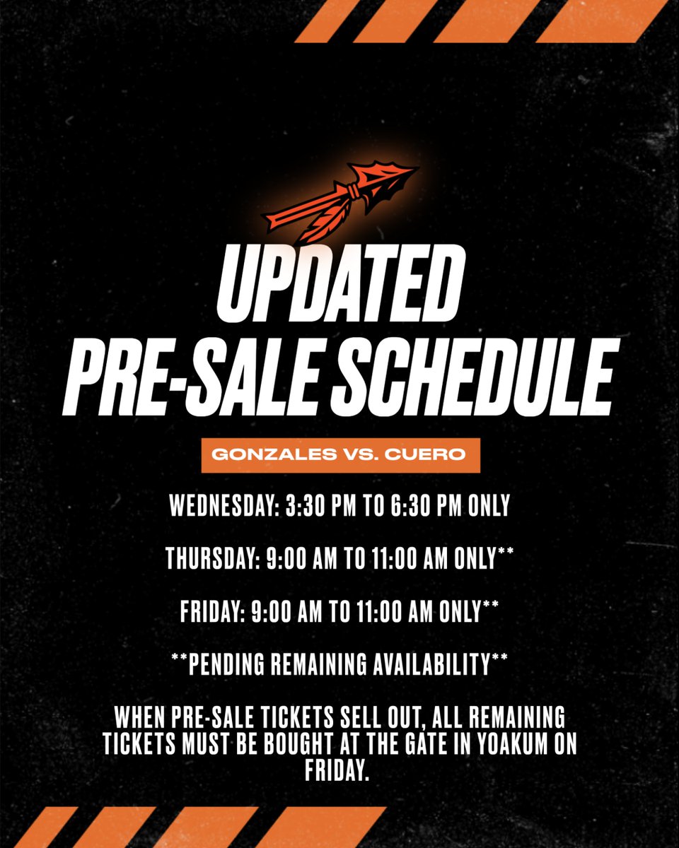 ApachesGHS's tweet image. Please see the updated schedule regarding pre-sale tickets available in the field house. When pre-sale tickets sell out, all remaining tickets must be purchased at the gate in Yoakum on Friday.