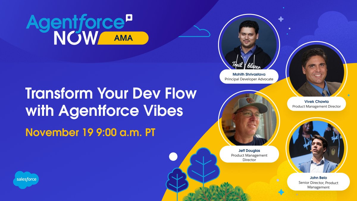 SalesforceDevs's tweet image. 📣 We’re live in 1 hour.

Join this month’s Agentforce NOW AMA to hear from @Salesforce product experts on how Agentforce Vibes helps you build quality, scalable apps faster, transforming your dev workflow from complicated to intuitive and dynamic.

💬 Bring your questions and…