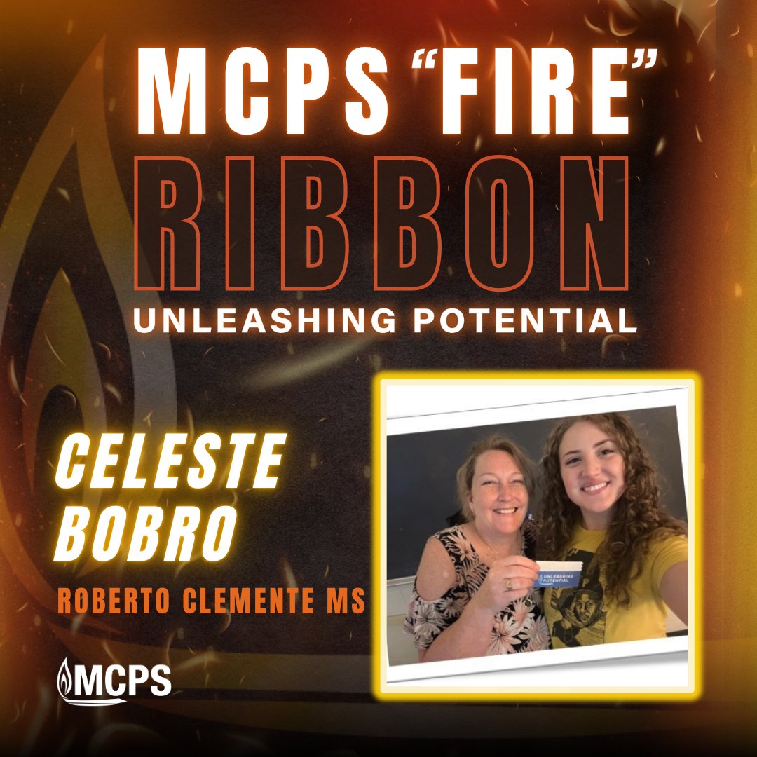 MCPS's tweet image. 🔥 Fire Ribbon Spotlight!

Today we’re celebrating Celeste Bobro, Roberto Clemente MS, for embodying teamwork, collaboration &amp;amp; peer support through the Unleashing Potential Award. 

#MCPSFutureReady #FireRibbon #UnleashingPotential