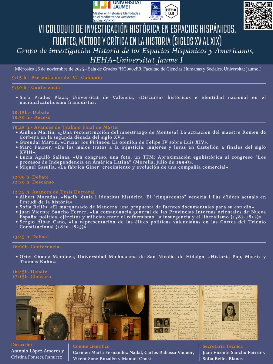 HEHAUJI's tweet photo. El 26 de noviembre os esperamos en el VI Coloquio de Investigación Histórica en Espacios Hispánicos. 

Adjuntamos cartel y programa. 

¡Inscripción gratuita en el QR!

📝📚📜 https://t.co/WhjSLk4bmL