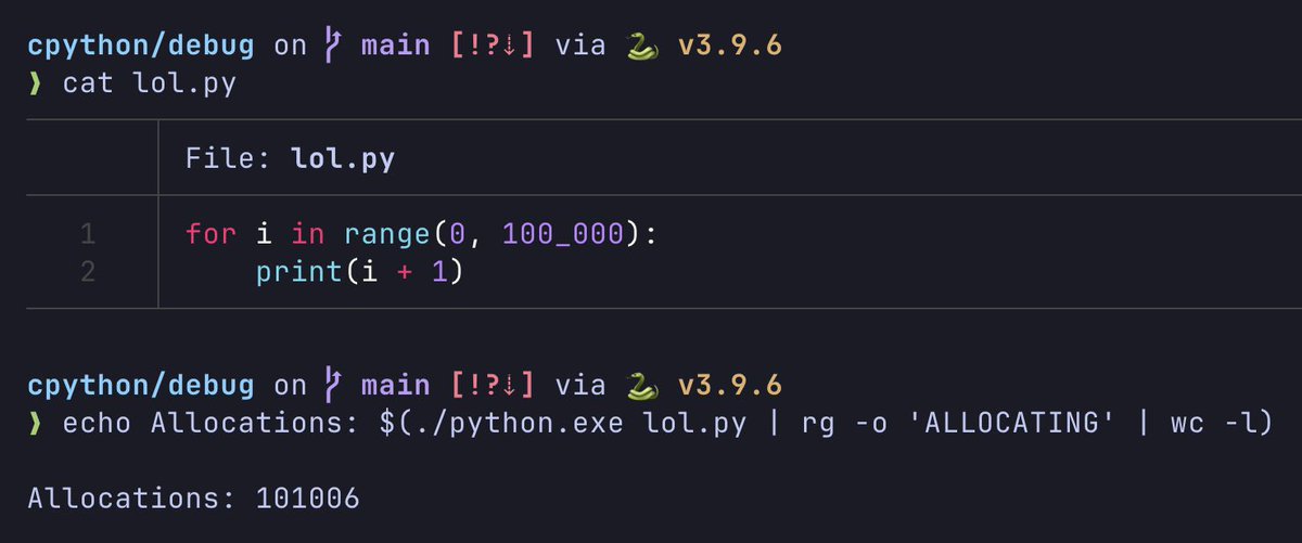 ctrlL3xx1i's tweet photo. "it's Python, you do anything and it allocates"
How true is this?
I modified CPython to print when it allocates an integer object
Then added numbers in a for-loop 100k times
My terminal got spammed with 101006 allocations
Why? Let's explore the internals of CPython:
#FrontendDev https://t.co/mjMYfoUsXi