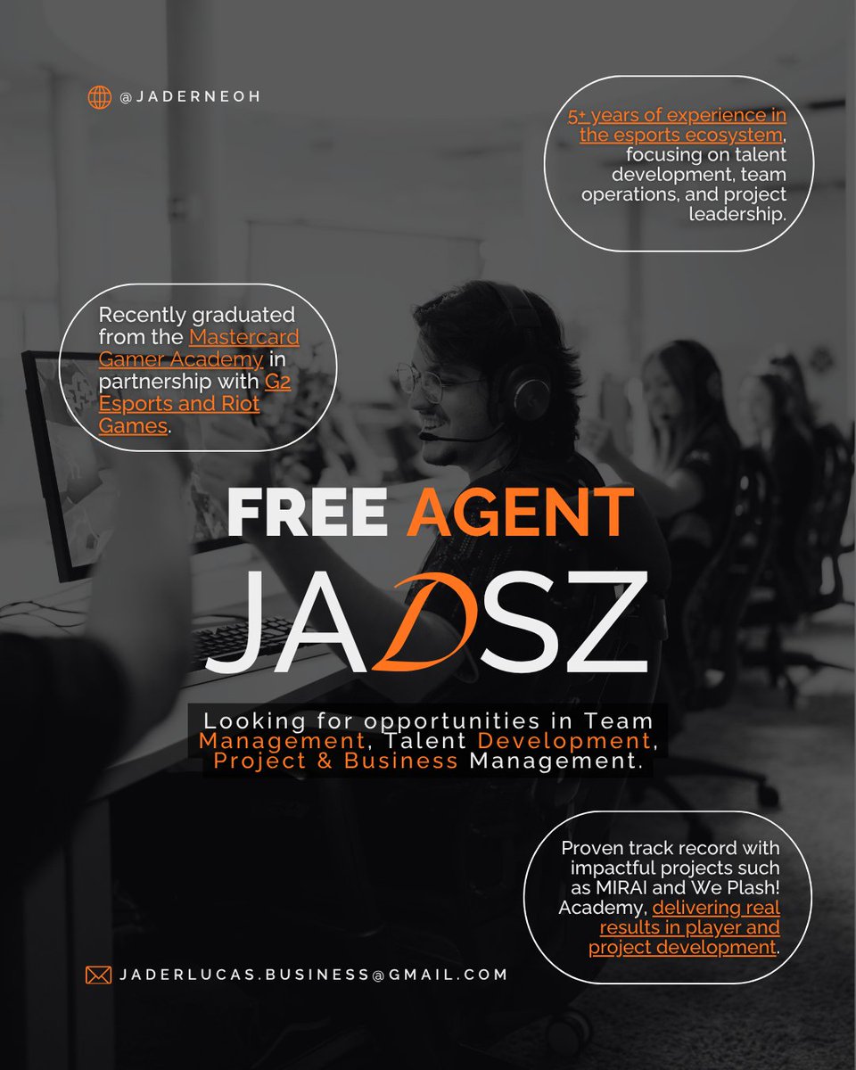 Aproveitando o momentum do post, reitero que estou aberto a oportunidades para 2026!

Recém-formado no Mastercard Gamer Academy x G2 Esports, estou em busca de novos desafios. Estou extremamente preparado.

📩 Contato via DM ou email!
RTs, likes e comments fortalecem muito. ❤
