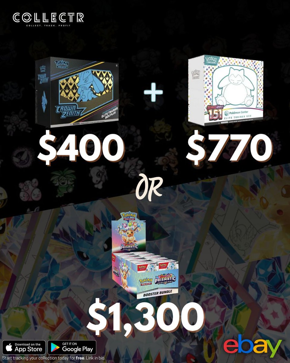 getcollectrapp's tweet photo. 🤔 Which Would You Rather Own?
📦 Crown Zenith Pokémon Center ETB + 151 Pokémon Center ETB
OR
🔥 Prismatic Evolutions Booster Bundle Display
#sealedpokemon #crownzenith #pokemon151 #prismaticevolutions #boosterbundle
#collectr #getcollectrapp #pokemon #Pokemontcg #pokemongoldstars #pokemoncard #pokemoncards #pokemoncommunity #pokemonsale