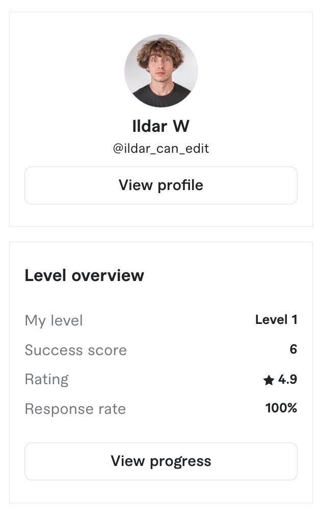 ildar_edit's tweet image. November account update on Fiverr:

- My level: Level 1
- Success score: 6
- Rating: 4.9
- Response rate: 100%

We're continuing our progress, the next update is coming in December