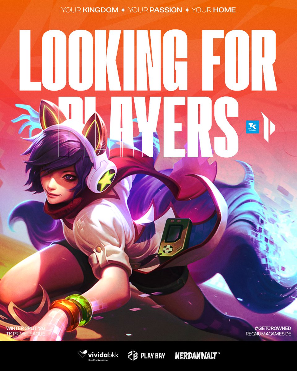 regnum4games's tweet image. 🚨LOOKING FOR PLAYERS🚨

We are looking for new players for the winter split 2026 in PRM2 for:
Top
Mid
ADC
Support

Requirement:
Minimum 400 LP for the majority of the year. 

Payment is possible.

If you are interested, feel free to fill out the form below ⬇️