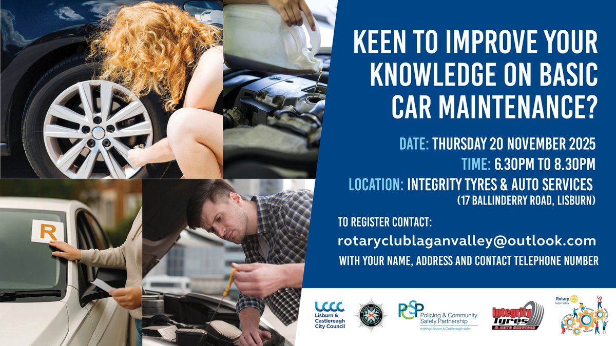 lisburnccc's tweet image. 🚗Just a few spaces left for our car maintenance event!

Email rotaryclublaganvalley@outlook.com to register 
@IntegrityTyres  @pcsp_LCC