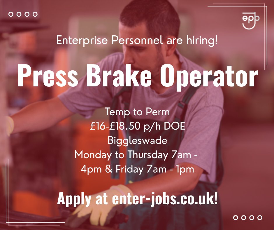 EnterJobs's tweet image. Enterprise Personnel are recruiting a Press Brake Operator for their client in Biggleswade.
Apply now via our website!

#pressbrake #pressbrakeoperator #machineoperator #machineoperative #machineprogramming #pressbrakemachine #biggleswade #bedfordshire #bedfordshirebusiness