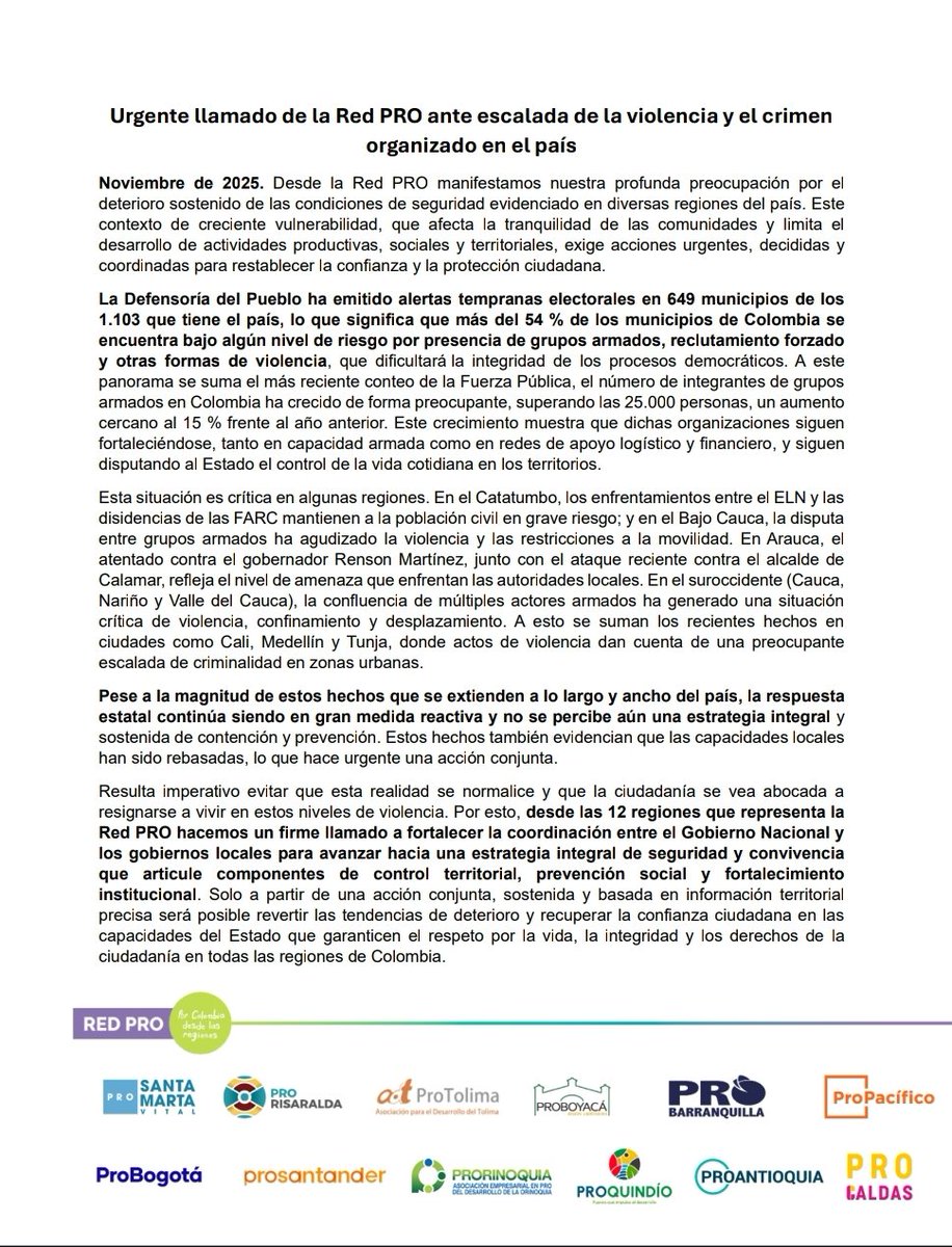 Desde la #RedPro hacemos un llamado a consolidar una estrategia integral de seguridad que devuelva la confianza y la tranquilidad a todo el país. Es imprescindible fortalecer la coordinación del Gobierno Nacional y gobiernos locales para responder a los desafíos de seguridad y