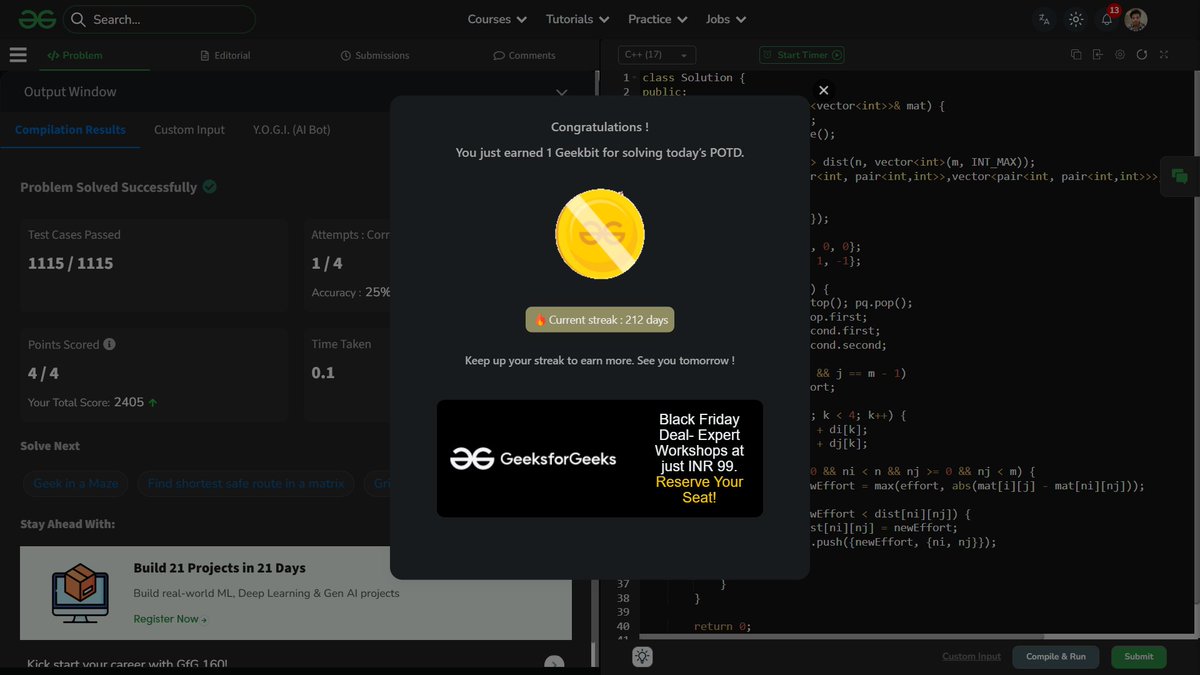 shahidx_05's tweet image. Day 249 – #365DaysOfCode 
✨ Contest + practice = solid day!

✅ Keep Multiplying Found Values
✅ Path With Minimum Effort
✅ Codeforces 2164A

🏆 CodeChef Contest:
✅ Solved 4 problems

#DSA #LeetCode #GfG #Codeforces #CodeChef #ProblemSolving #LearnInPublic #BuildInPublic