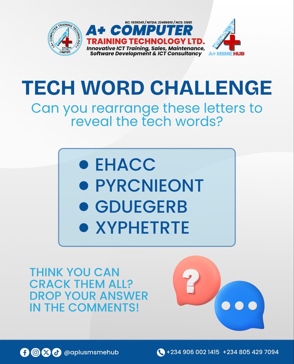 aplusmsmehub's tweet image. 🧠 TECH WORD CHALLENGE 🔍

Think you’ve got sharp eyes and a sharper brain?  
Rearrange the letters and reveal the hidden tech words!  

Drop your answers in the comments; let’s see who cracks them all
👇👇  

#TechChallenge #LearnWithAPlus #AplusMSMEHub #TechQuiz #BrainTeaser