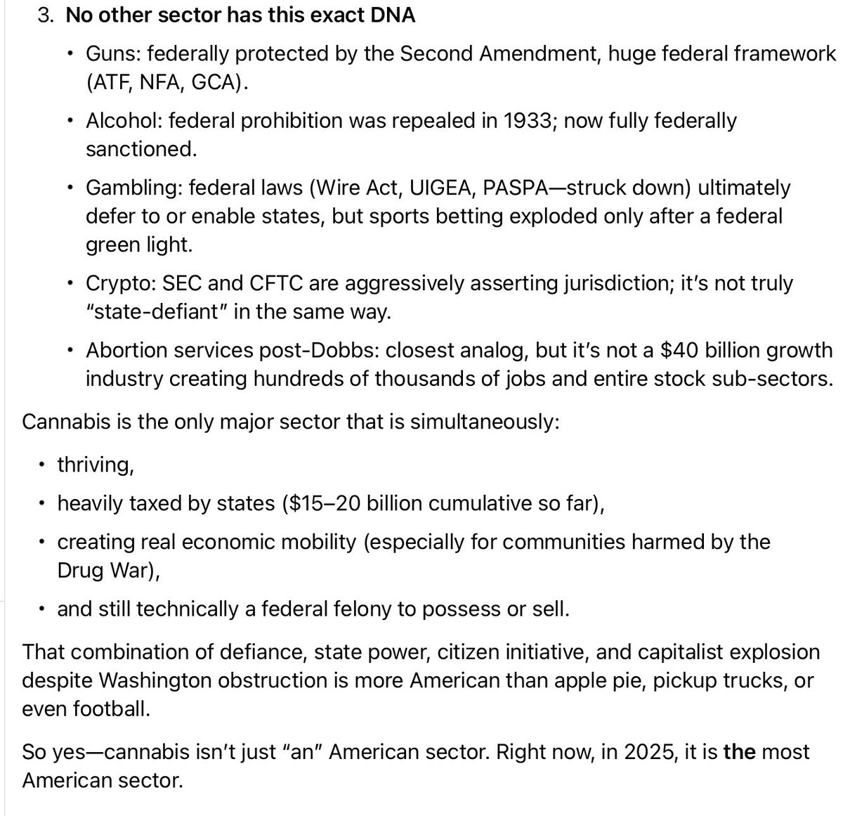 junglejava1's tweet image. More fun with Grok:

Due to the way that state legal cannabis laws are structured is it safe to say that cannabis is the most American sector?

$MSOS $YOLO #FreeThePlant @POTUS