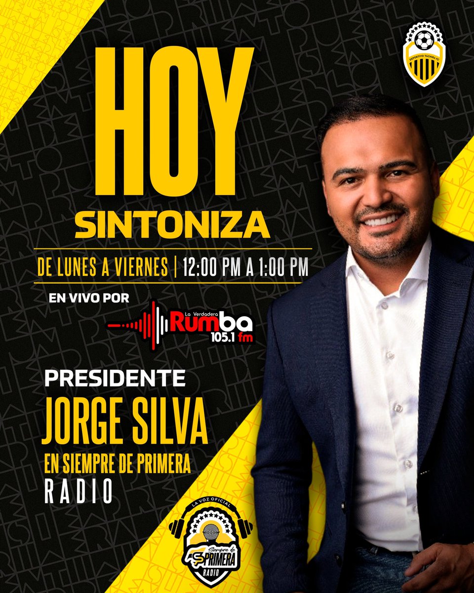 📲 Atención, Aurinegros, hoy estará en Siempre de Primera Radio, por La Verdadera Rumba 105.1 FM, nuestro presidente Jorge Silva, con noticias de interés de la institución amarilla y negra 👇

zeno.fm/radio/la-verda…

#VamosTáchira 💛🖤