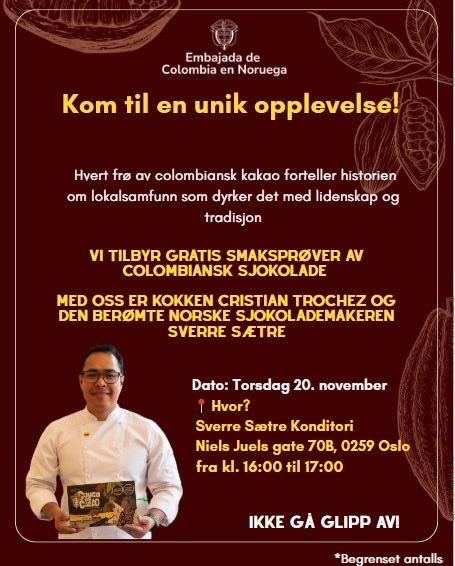 Kom og oppdag smaken av en kultur!

Den 20. november, fra kl. 16.00 til 17.00, kan du nyte en unik opplevelse med sjokolademaker Sverre Sætre og kokk Cristian Trochez.

Vi har en gratis prøvesmaking av colombiansk sjokolade for ti personer.

↑Hvor: Niels Juels, Gate 70B, Oslo