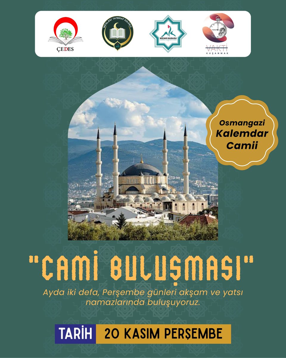 Mesleki tatbikat kulübü öğretmenlerimizin öncülüğünde, ayda iki defa, perşembe günleri akşam ve yatsı namazlarında buluşuyoruz.

🗓 20 Kasım Perşembe
📍 Kalemdar Camii / Osmangazi

<a href="/Osmangazi_MEM/">Osmangazi İlçe Milli Eğitim Müdürlüğü</a>
<a href="/bursailmem16/">Bursa İl Millî Eğitim Müdürlüğü</a>
<a href="/MetinSEZER_16/">Metin SEZER</a>
<a href="/drahmetisleyen/">Ahmet İşleyen</a>
<a href="/meb_dinogretimi/">MEB Din Öğretimi Genel Müdürlüğü</a>
<a href="/tcmeb/">Millî Eğitim Bakanlığı</a>