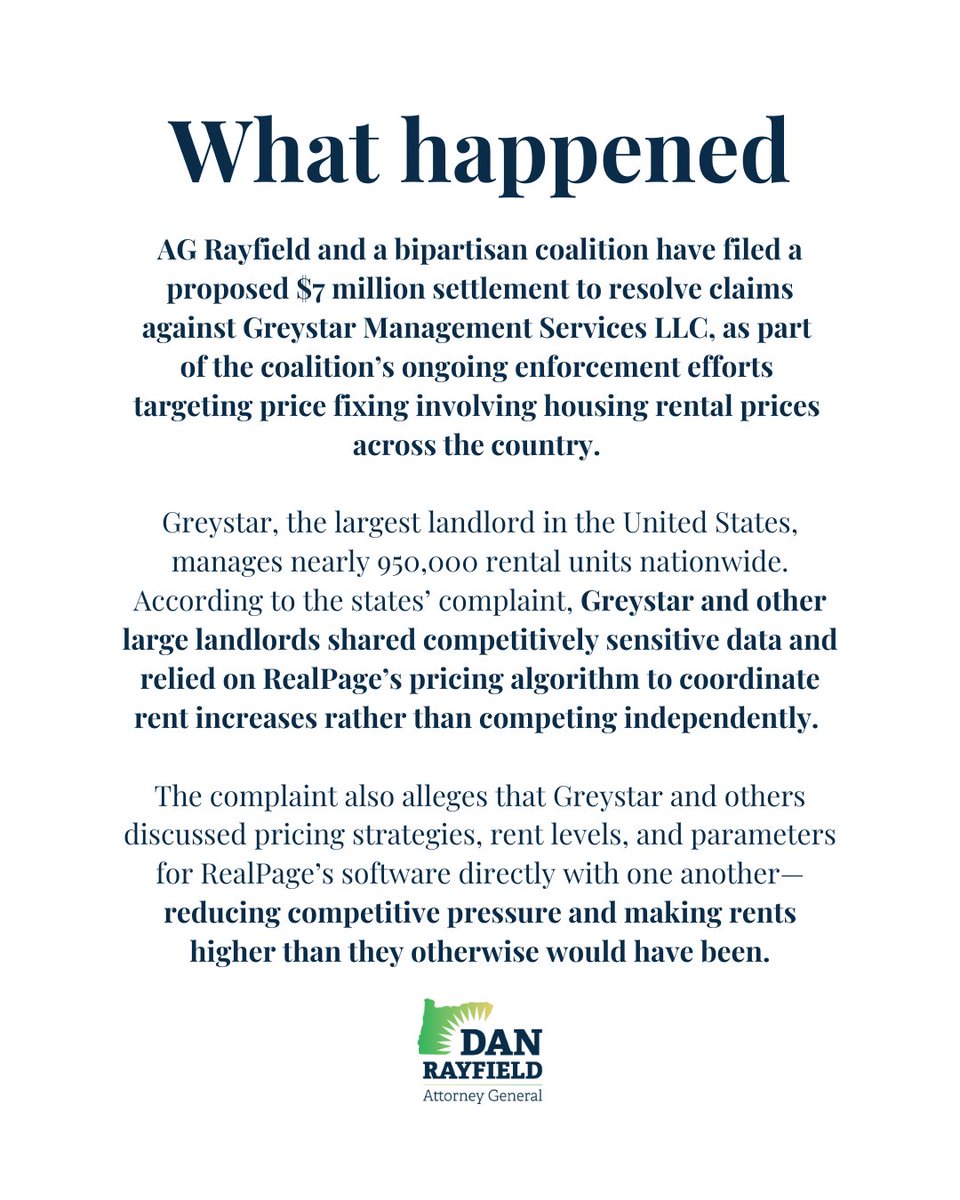 AGDanRayfield's tweet image. BREAKING NEWS: We’ve secured a $7 million settlement holding the largest U.S. landlord accountable for a price fixing scheme – and putting a check on the rising cost of rentals. 

#consumerprotection #orpol