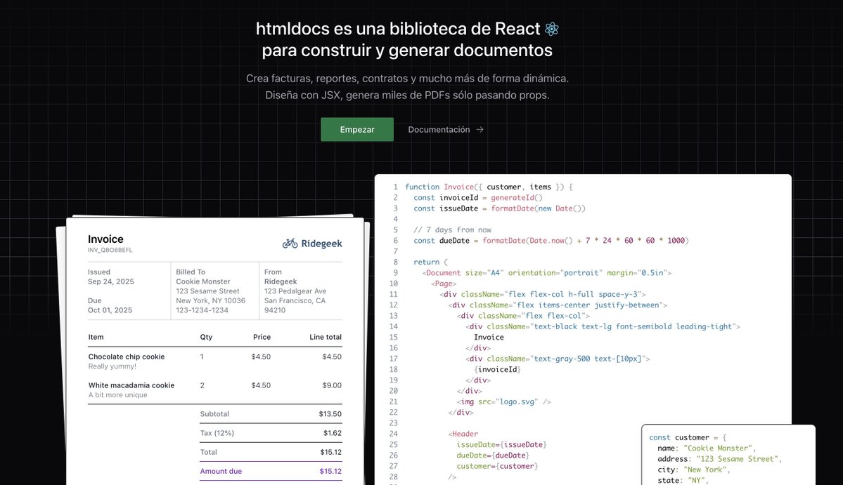 midudev's tweet image. ¡Biblioteca para crear PDFs y documentos usando componentes de React y estilos CSS! 

✓ Con previsualización en tiempo real
✓ Trae los datos de la API que quieras
✓ De código abierto y sin coste

&amp;gt; npx htmldocs@latest init