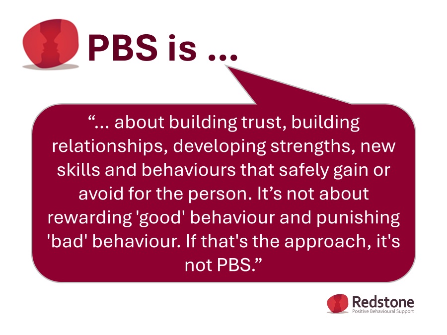 redstonepsychol's tweet image. PBS is... about building trust, building relationships, developing strengths, new skills &amp;amp; behaviours that safely gain or avoid for the person. It&apos;s not about rewarding &apos;good&apos; #behaviour &amp;amp; punishing &apos;bad&apos; behaviour. If that&apos;s the approach, it&apos;s not #PBS #positivebehavioursupport