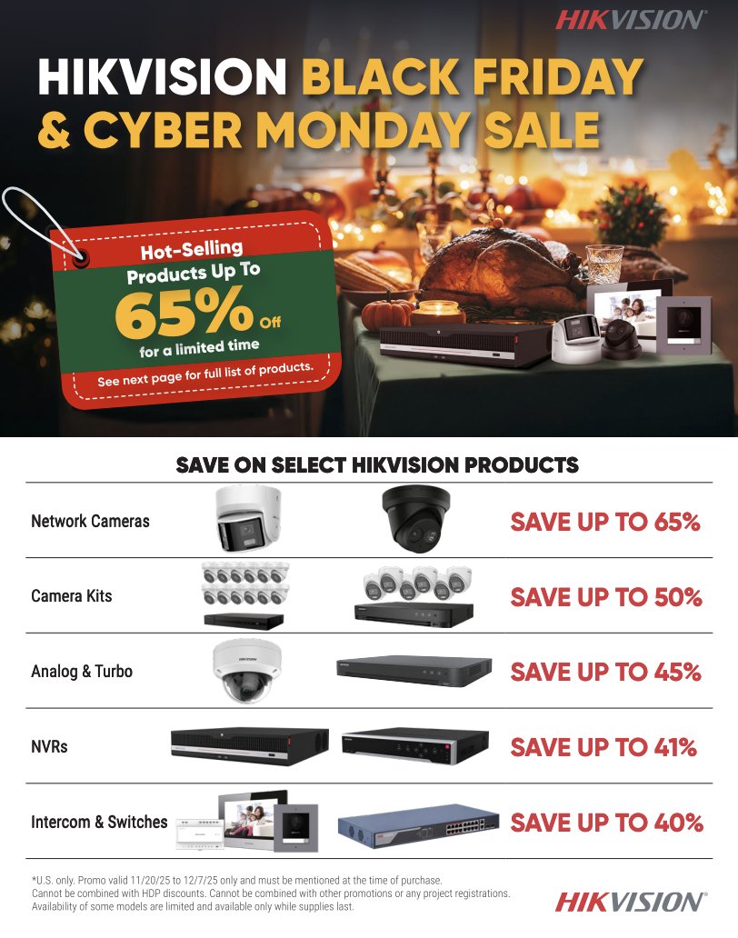 Gobble up to 65% in savings during the Hikvision Black Friday/Cyber Monday sale event. Nov. 20 through Dec. 7 you can celebrate the season with premium technology and exceptional value from Hikvision USA. 

View the promo flyer for models on sale! hubs.li/Q03TLKRy0