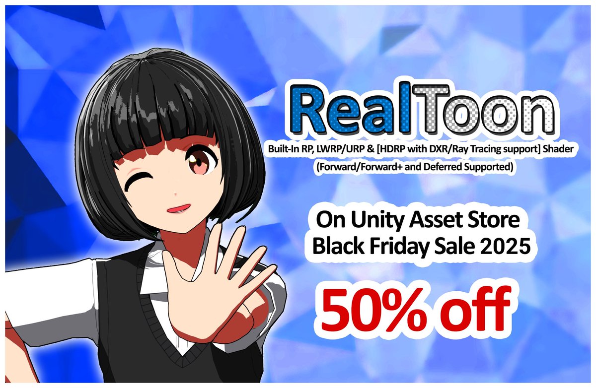 mjqstudioworks's tweet photo. RealToon Shader 50% OFF
On Unity Asset Store (Black Friday Sale - 2025)
RealToon (Unity Store Page):
https://t.co/fVW3QPhKJs
#AssetStoreJP #AssetStore #unity3d #unity #realtoon #gamedev #urp #hdrp #アセットストア #madewithunity #unityengine #unity6 https://t.co/Kw9ojCaKDP