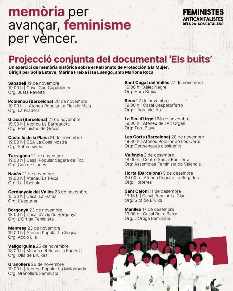🎞 Projecció conjunta del documental 'Els buits', en motiu dels 50 anys de la mort del dictador. 

ℹ️El film és un exercici de memòria històrica sobre la violència institucional contra les dones i identitats dissidents.

📆Aquest divendres 21-N a les 19h a l'Ateneu La Barraqueta!
