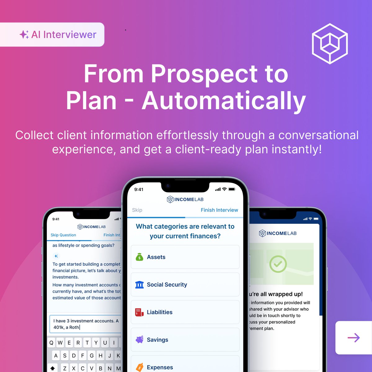 WeAreIncomeLab's tweet image. The AI Interviewer engages clients and prospects through a guided, conversational intake process, so you get the details you need the first time. It automatically builds a plan from their responses and notifies you when it’s ready to review.

Book a demo: bit.ly/4pguP2m