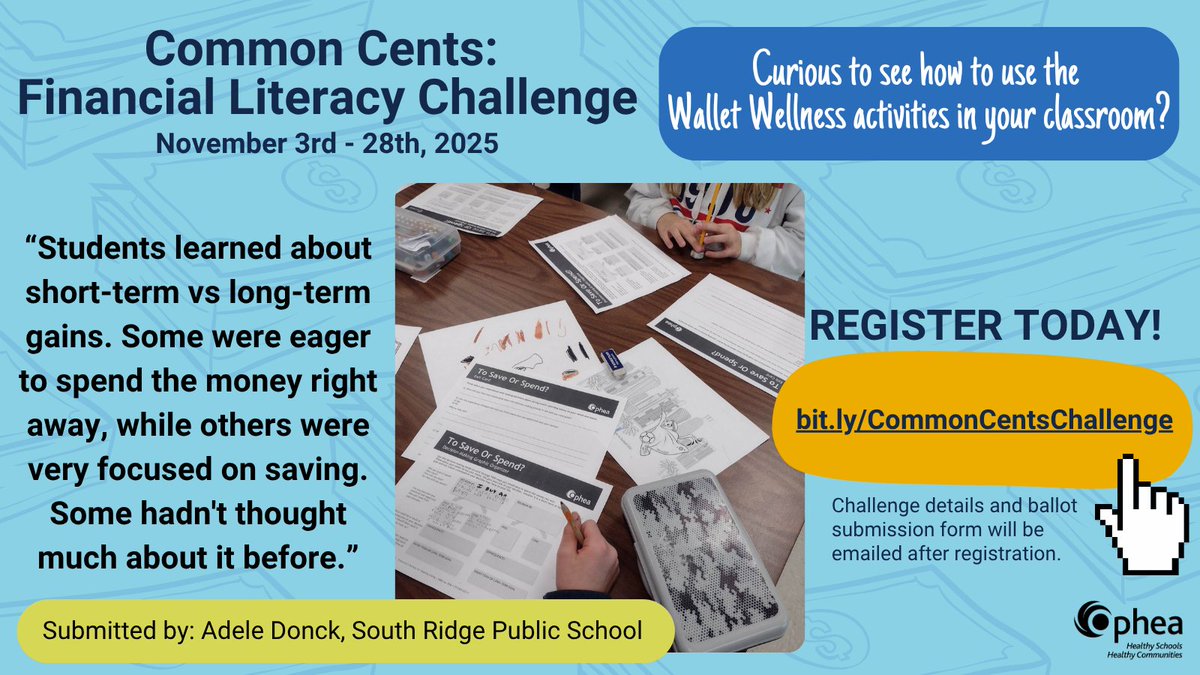 opheacanada's tweet photo. Curious to know how to use the #WalletWellness activities in your classroom? Check out the primary, junior and intermediate activities today...💸 REGISTER for the #CommonCents #ClassroomChallenge TODAY to win one of the eight $500 cash prizes!! 🔗https://t.co/SjjyFW0fMc https://t.co/2dSlJarSH1
