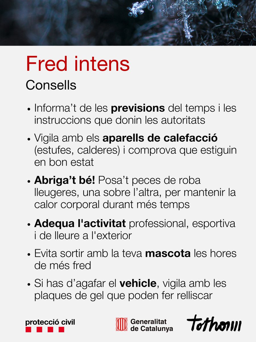 gencat's tweet image. ❄️ Arriba una onada de fred intens amb temperatures molt baixes els pròxims dies.

🧣 Protegeix-te seguint les recomanacions.

👉 gen.cat/fredintens