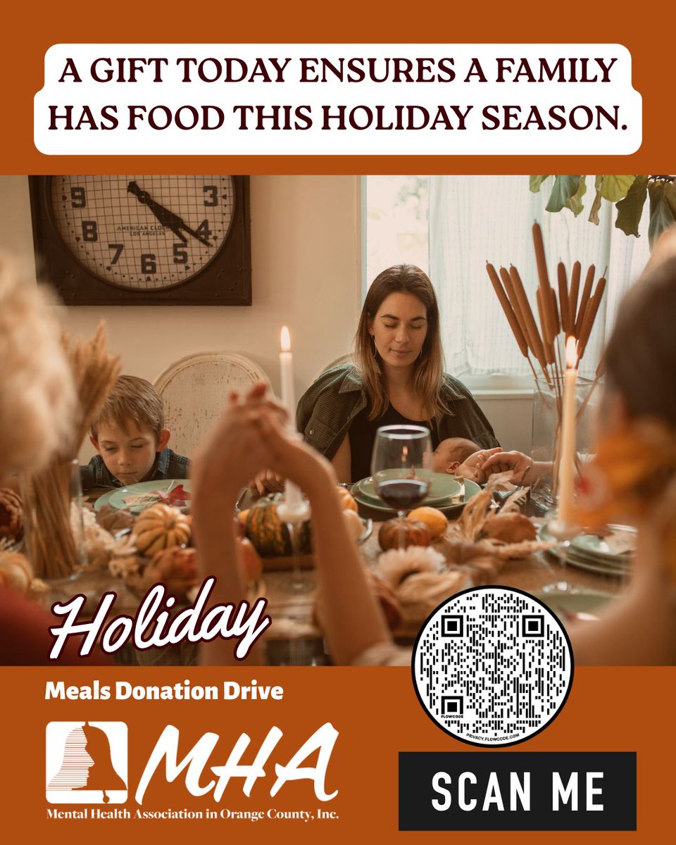 The need is great — and together, we can meet it. Every donation to MHAOC’s Holiday Food Drive provides a complete holiday meal for a family in Orange County. 🍽️
✨Donate now: buff.ly/At6fNZ2 
.
.
#HolidayGiving #MHAOC #StrongerTogether