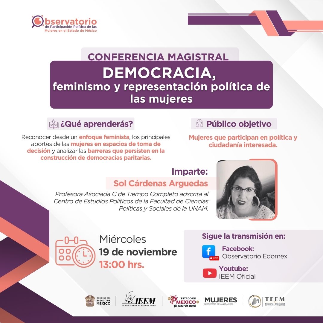 IEEM_MX's tweet photo. Sigue la conferencia virtual “Democracia, feminismo y representación política de las mujeres” impartida por la Dra. Sol Cárdenas Arguedas. @OPPMEdomex 

🗓️ 19 de noviembre
🕒 13:00 horas
📍 Transmisión en vivo: 
- FB Live OPPMEM
- YouTube IEEM Oficial https://t.co/b8NZUzhXKY