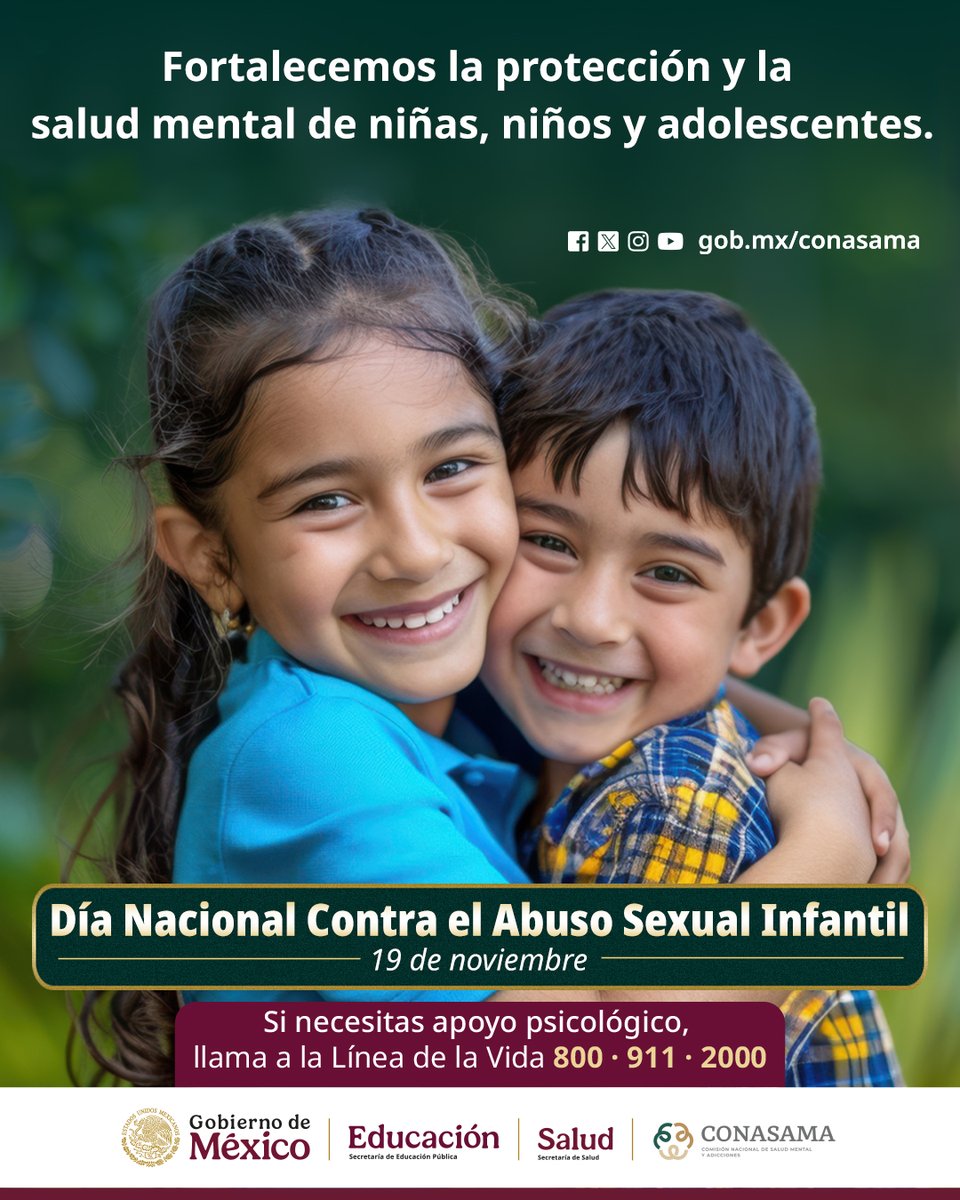 19 de noviembre: I Día Nacional Contra el Abuso Sexual Infantil

Hoy, más que nunca, es urgente unir esfuerzos para garantizar la protección y el bienestar de nuestros niños, niñas y adolescentes. 

La #CONASAMA trabaja para prevenir, detectar y tratar los efectos del abuso