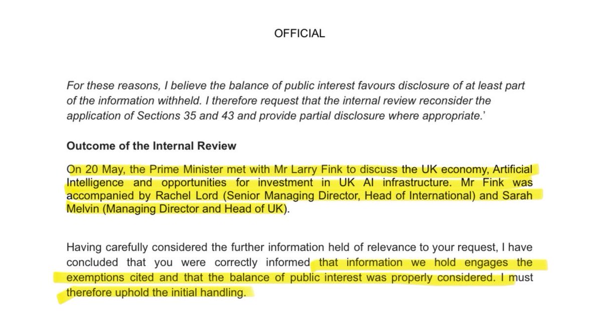 Lewis_Brackpool's tweet image. NOW — The Cabinet Office has finally disclosed key information about the private meeting between Larry Fink and Keir Starmer and Rachel Reeves – details that were never included in ministerial logs.

During its internal review of my FOI request, the Cabinet Office confirmed the…