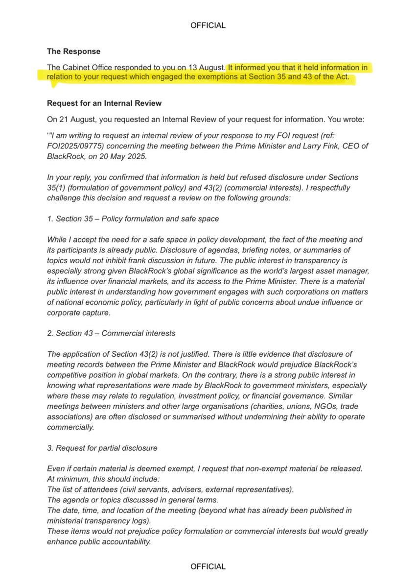 Lewis_Brackpool's tweet image. NOW — The Cabinet Office has finally disclosed key information about the private meeting between Larry Fink and Keir Starmer and Rachel Reeves – details that were never included in ministerial logs.

During its internal review of my FOI request, the Cabinet Office confirmed the…