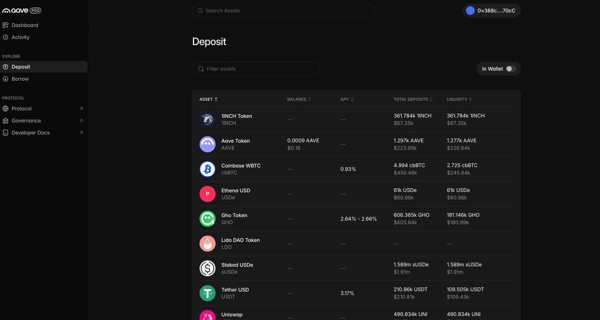 새 프런트엔드 디자인을 보여주는 Aave V4 테스트넷 인터페이스 스크린샷