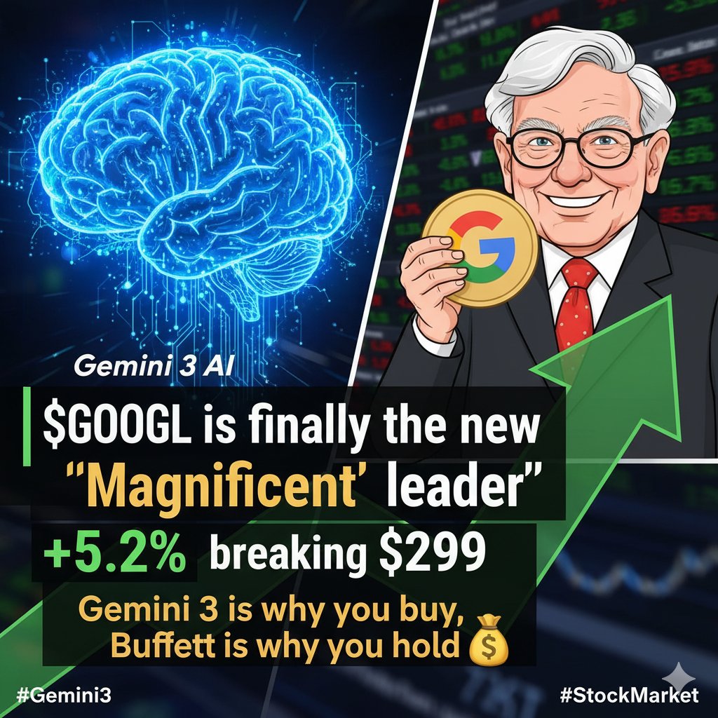 RajYashrajSingh's tweet image. $GOOGL is finally the new &apos;Magnificent&apos; leader. + 5% and breaking $300. Gemini 3 is why you buy it, Buffett is why you hold it. 💰

#Gemini3 #StockMarket #Alphabet