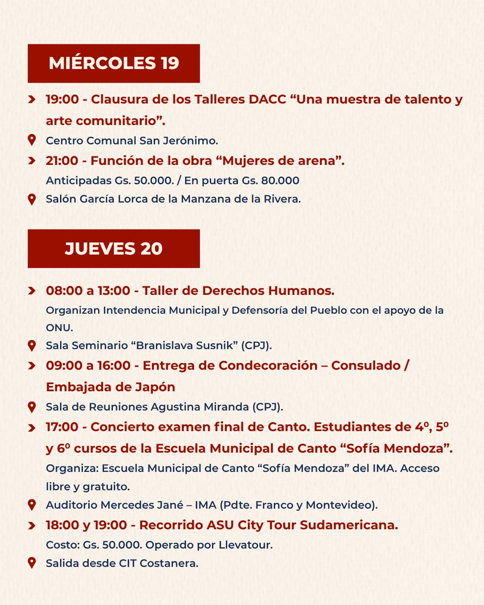 📢 ¡Agenda cultural de #AsuCulturaYTurismo! ✨

Esta semana llega con una programación llena de propuestas para todos los gustos: conciertos 🎸, festivales de danza 🩰, clases magistrales de música 🎶, teatro 🎭 y talleres de arte 🖼️🎨 para disfrutar en familia o con amigos.