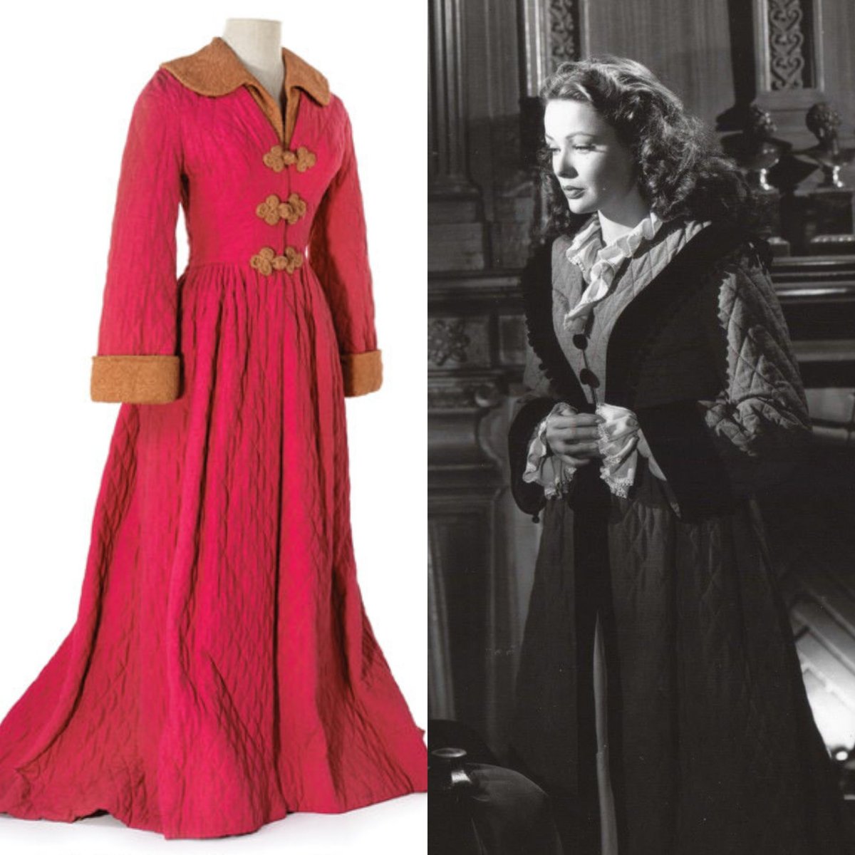 vickyhaddock's tweet image. American actress Gene Tierney was born #OnThisDay in 1920. She wore this René Hubert designed pink floor-length robe as Miranda Wells in Dragonwyck (1946). The beige terry cloth collar, cuffs and frogs were added post-production. Sold via @HeritageAuction. #film #costume #dress