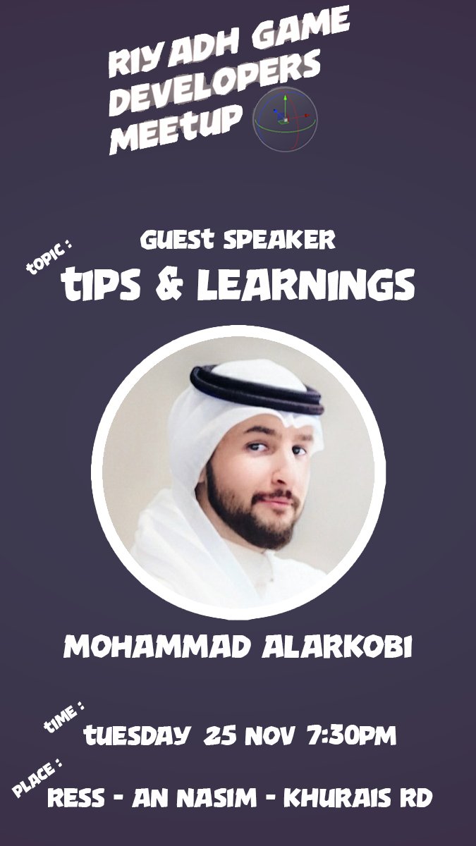 Game Dev Meetup Next Week! 🎮
let's gather, talk, and connect with other creators.

We’re also lucky to have a guest speaker joining us!

<a href="/M7md_Ark/">محمد</a> will be giving a short talk on “Tips &amp; learnings” from their game development journey!

 📅 : 25th of November