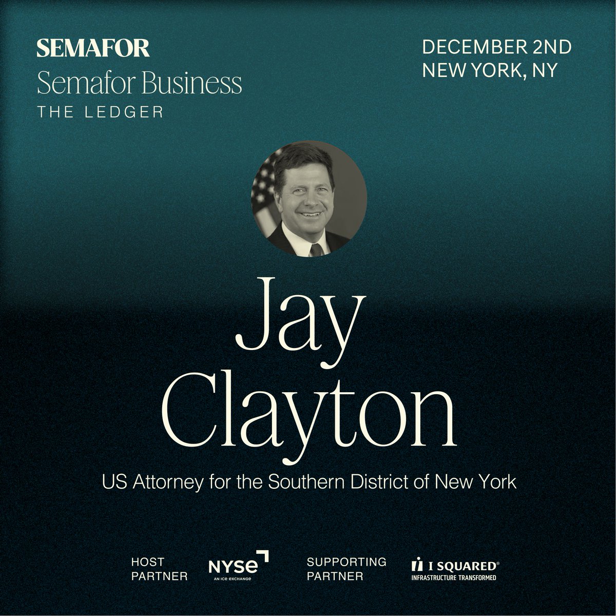 semafor's tweet image. 🟡 The Ledger is bringing together the leaders who are shaping the future of global finance.

Semafor&apos;s @lizrhoffman will be joined by Jay Clayton, US Attorney for the Southern District of NY, for a conversation about how new asset classes, shifting market structures, and AI are…