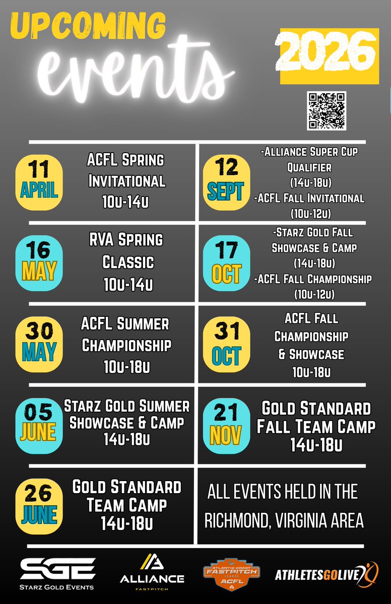 Our 2026 Events Schedule is now live and open for registrations! These events sell out early, don't miss out! 

Visit StarzGold.com for more details! 

<a href="/StarzGold/">StarzGold</a> <a href="/thealliancefp/">The Alliance Fastpitch</a> <a href="/ACFLfastpitch/">Atlantic Coast Fastpitch League | ACFL</a>