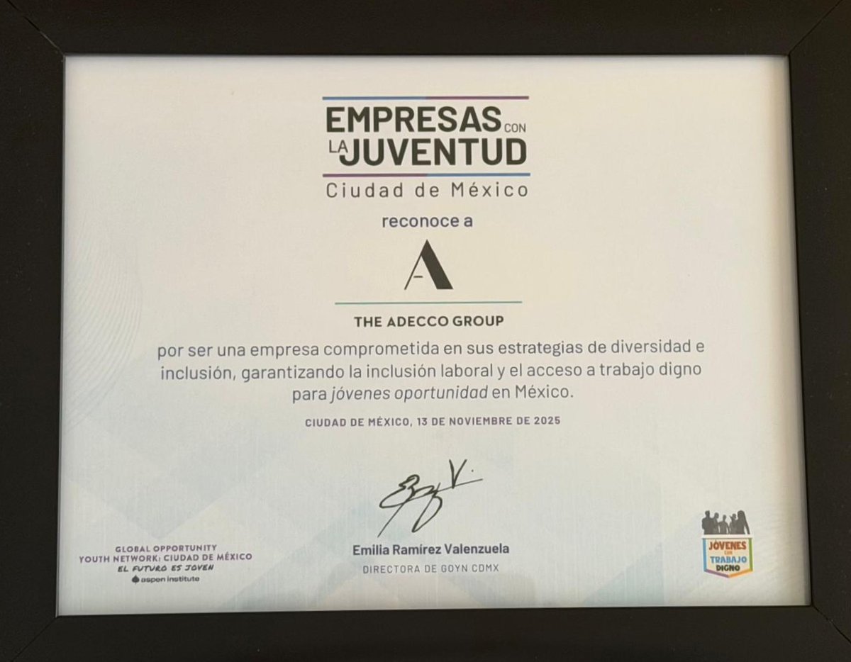 AdeccoMexico's tweet image. Empresas con la Juventud reconoce a Adecco México por sus iniciativas de inclusión a la comunidad juvenil.

#EmpresasConLaJuventud y #TogetherForInclusion de Adecco México seguiremos trabajando a favor de la empleabilidad digna para todas las personas.