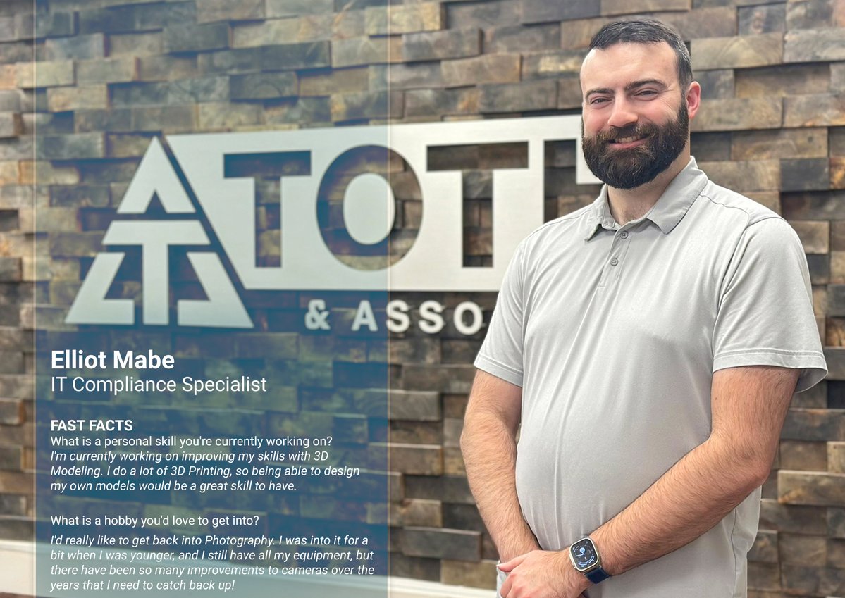 TothAssoc's tweet image. TOTH welcomes Elliot Mabe to the team as an IT Compliance Specialist in our #IT Department.

#Engineering #Hiring #StrongerCommunities